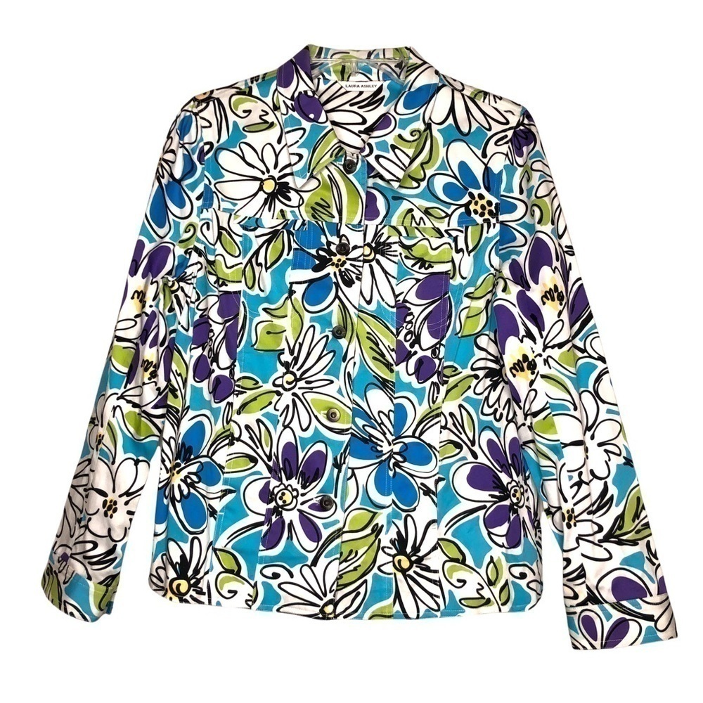 LAURA ASHLEY - Blue, Green, Purple & White Button Up Floral Jacket - Size Large